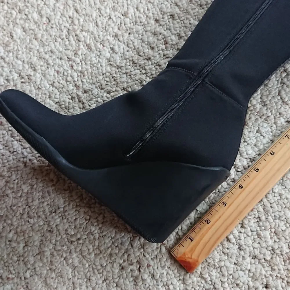 Prada black silk Radzmire fabric sporty knee high wedge boots size 6